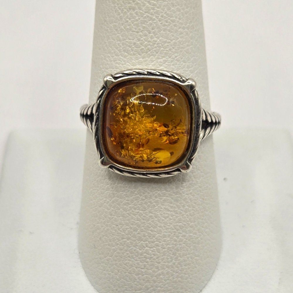 Sterling Silver Honey Baltic Amber Ring Size 9 with Twisted Cable Detail